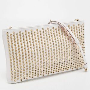 Christian Louboutin White/Gold Leather Spikes Loubiposh Chain Clutch
